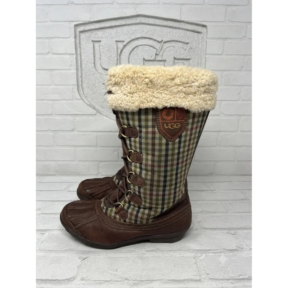 UGG Australia Adirondack Tall Plaid Snow Boots Brown Leather Sheepskin 10